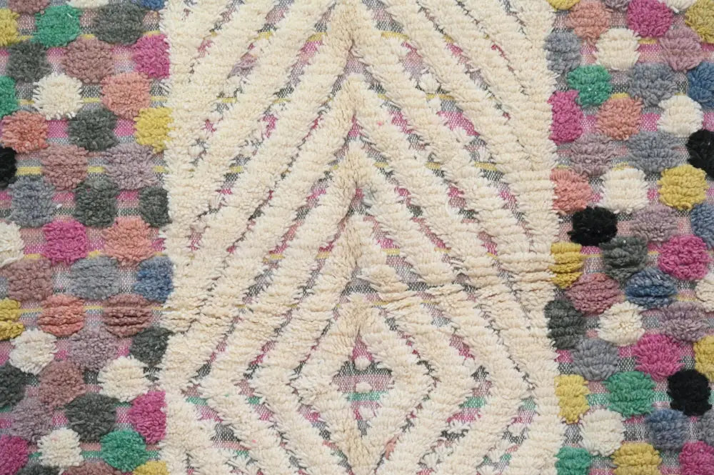 Decorbites™ handmade moroccan azilal rug 222x133 cm with colorful pom-poms and cream geometric pattern