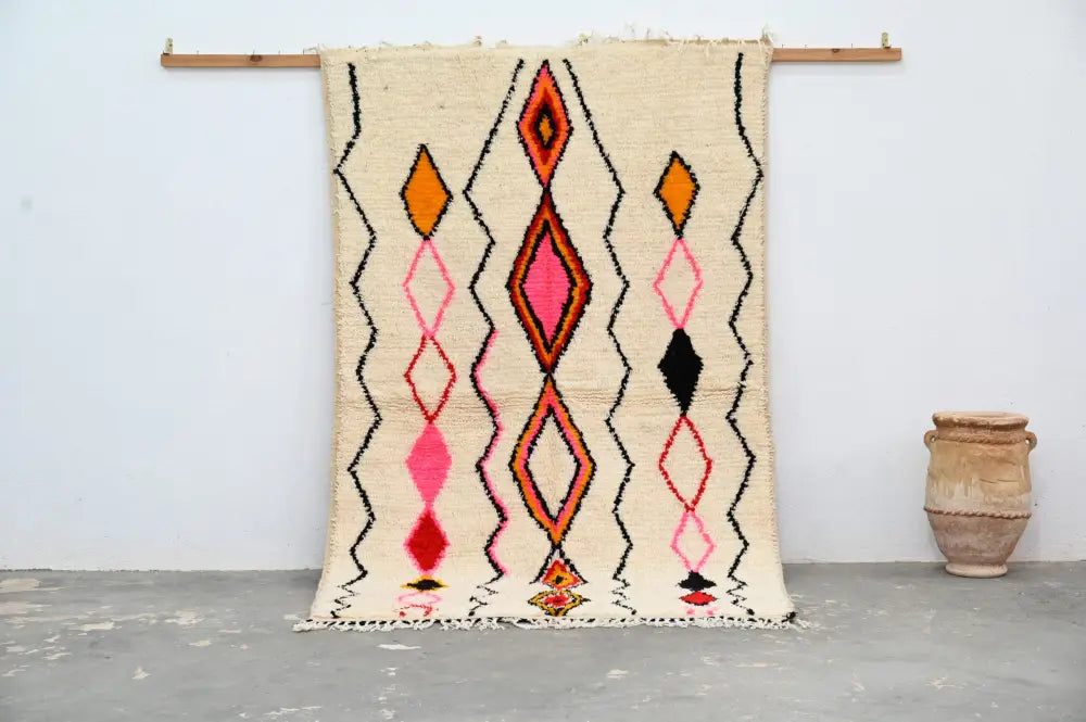 Beige DecorBites™ handmade azilal rug 240x150cm with bold orange pink and black geometric patterns in natural wool