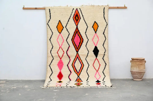 Beige DecorBites™ handmade azilal rug 240x150cm with bold orange pink and black geometric patterns in natural wool