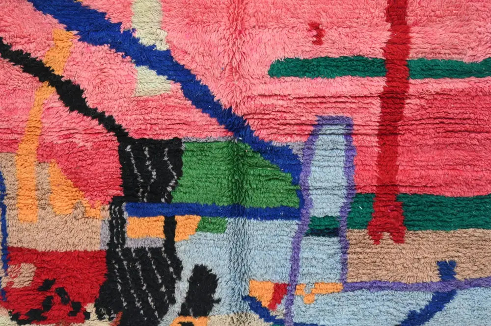 DecorBites™ handmade Moroccan Azilal rug 244x147 cm with vibrant pink green blue geometric plush woolen surface