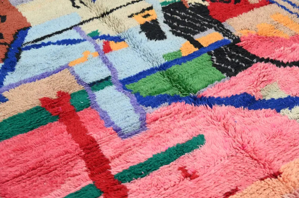 Decorbites™ handmade moroccan azilal rug 244x147 cm with vibrant pink green blue and black geometric patterns