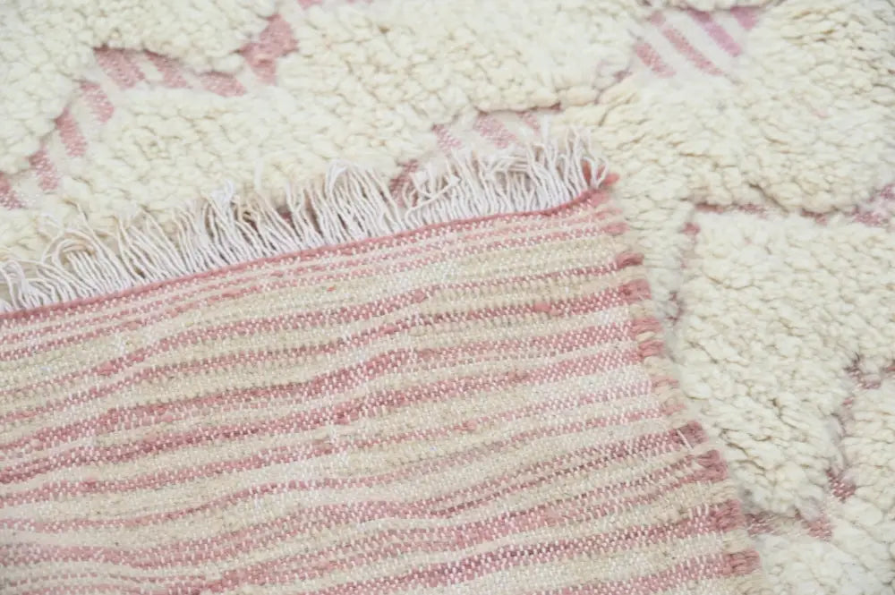 DecorBites™ handmade traditional azilal rug 250x143cm in cream and soft pink stripes with fluffy texture and fringed edges