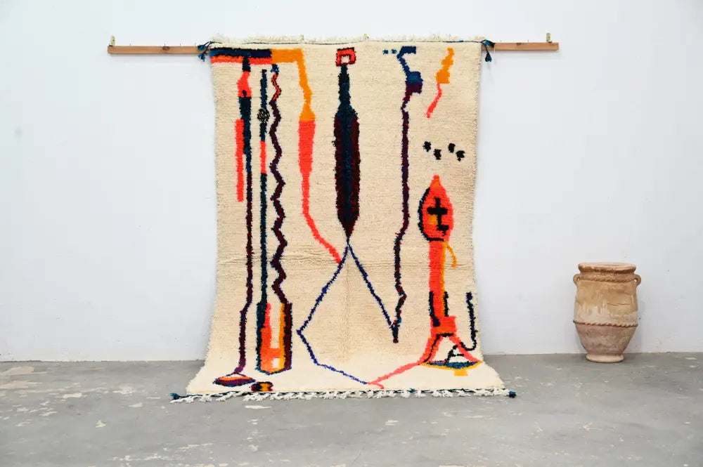 Beige decorbites™ handmade traditional azilal rug with bold orange black and blue vertical patterns 250x145 cm