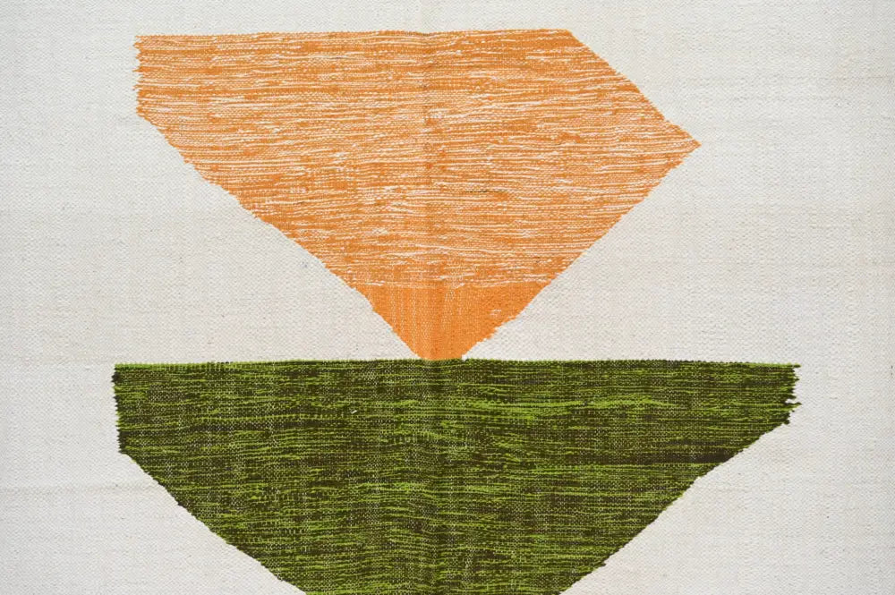 DecorBites™ handmade Moroccan Azilal rug 291x200cm with orange and green abstract geometric shapes on textured fabric