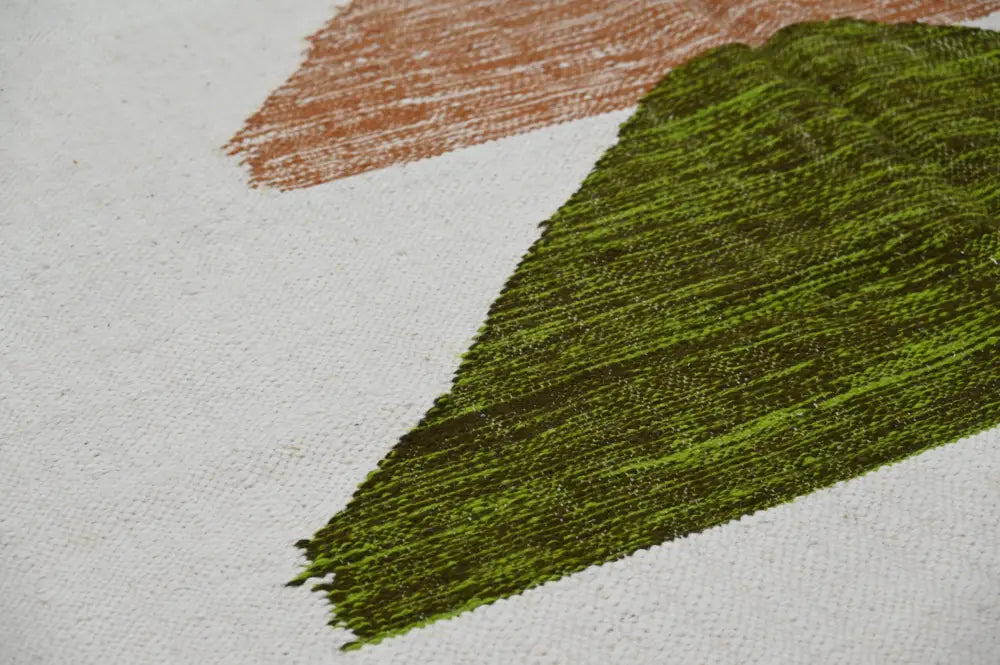 Decorbites™ handmade moroccan azilal rug 291x200cm featuring a textured green leaf design with visible brushstrokes on white canvas