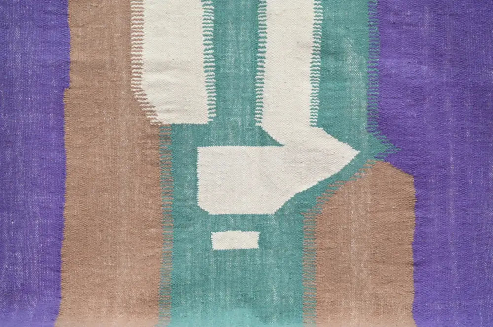 Decorbites™ handmade moroccan azilal rug featuring bold purple beige teal stripes and white arrow geometric design
