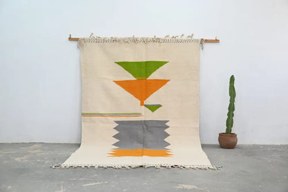 Beige decorbites™ moroccan handmade azilal rug 300x192 cm with bold green orange and gray geometric patterns