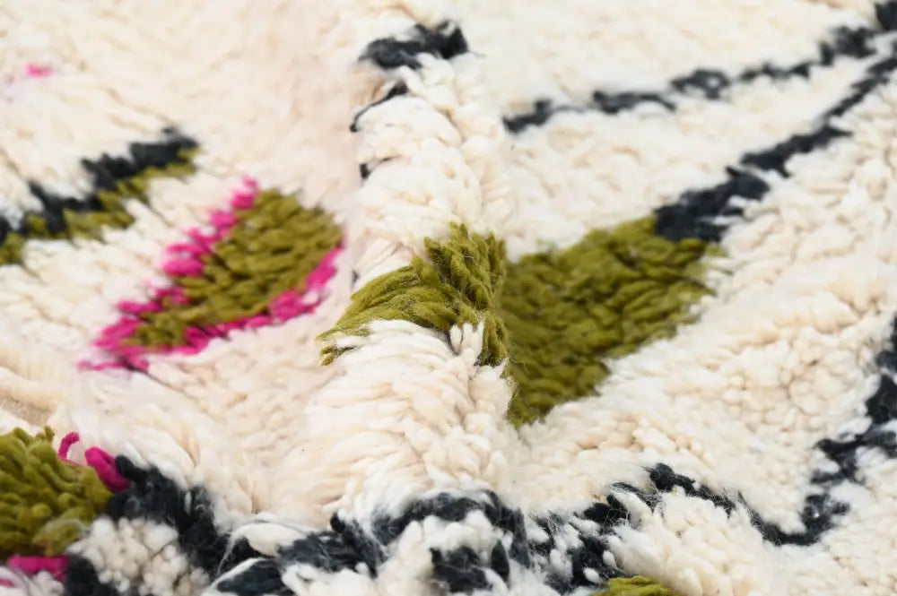 Decorbites handmade moroccan azilal rug 302x197 cm with cream base and bold black olive green and pink geometric patterns