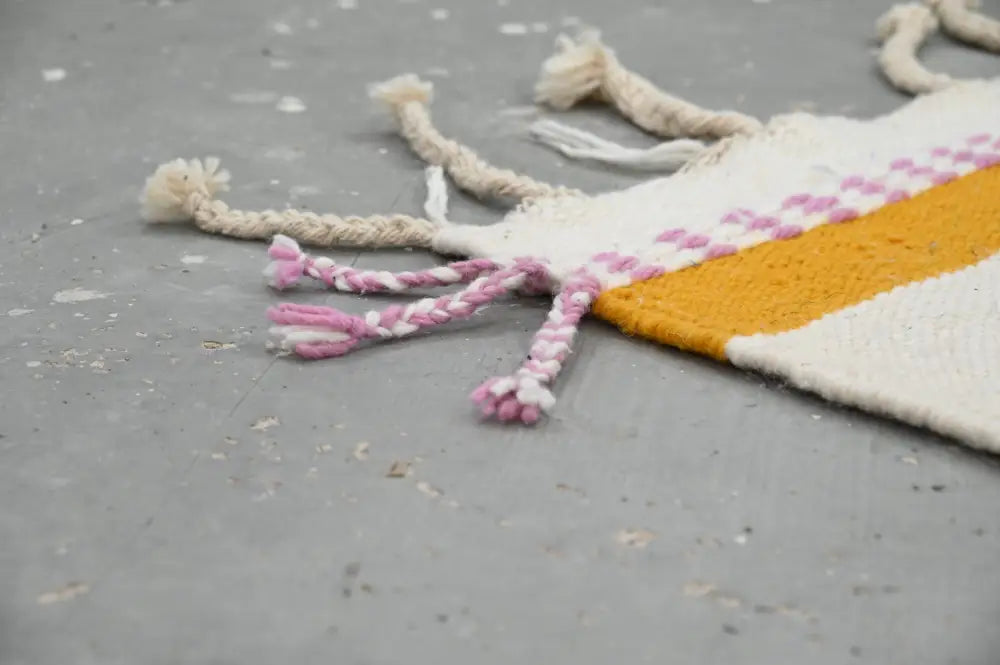 Decorbites™ handmade moroccan azilal rug 302x197cm with bold mustard-yellow cream blocks and pink white braided tassels