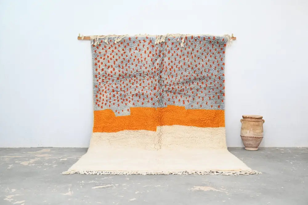 Handwoven decorbites™ handmade moroccan azilal rug with textured gray and orange stripes on off-white base 304 x 210 cm
