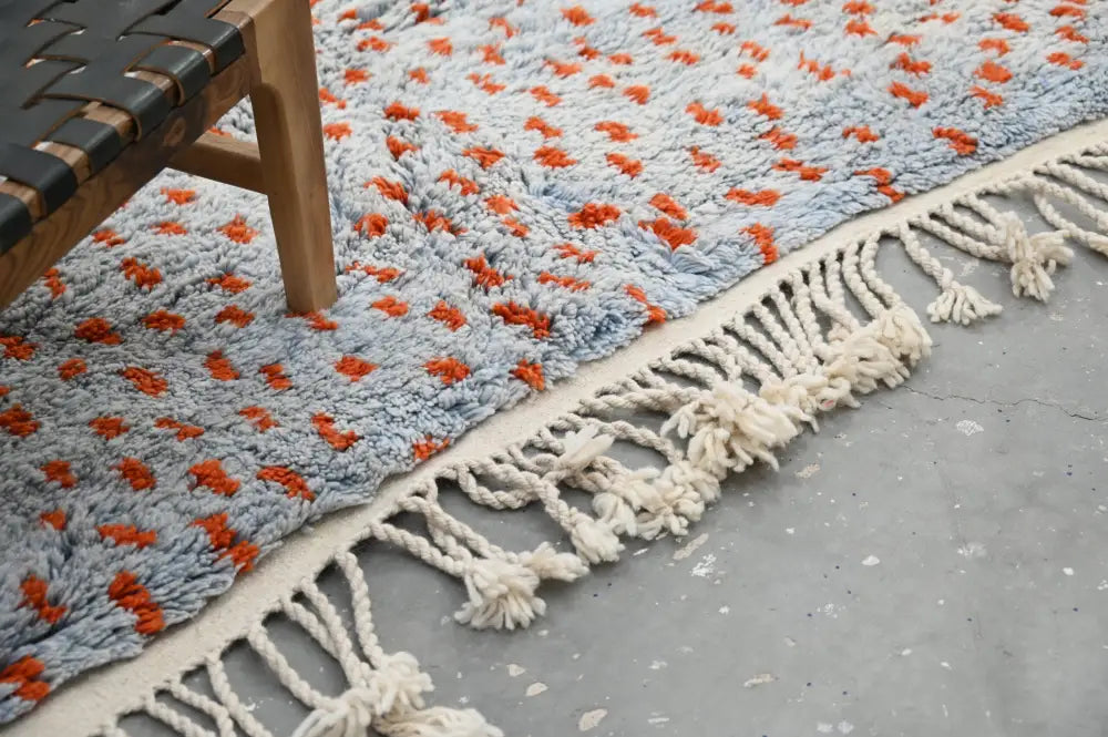 Decorbites™ handmade moroccan azilal rug 304 x 210 cm with soft light blue and orange pattern and cream fringe