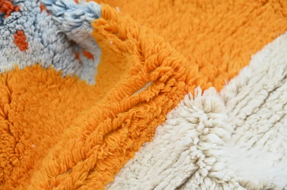Decorbites handmade moroccan azilal rug 304 x 210 cm vibrant orange cream and light blue plush textured fabric