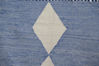 DecorBites™ handmade Moroccan azilal rug 306x177cm with blue and cream geometric diamond pattern woven fabric