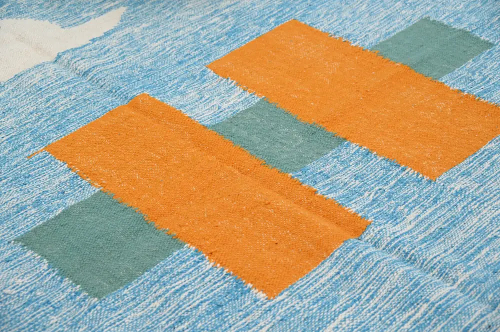 DecorBites™ handmade traditional azilal rug 300x200cm with bold orange and teal geometric blocks on light blue background