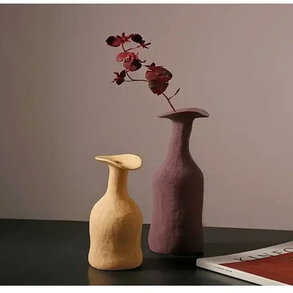Decorbites™ handmade nordic ceramic flower vases in beige and muted purple with textured surfaces and flared tops
