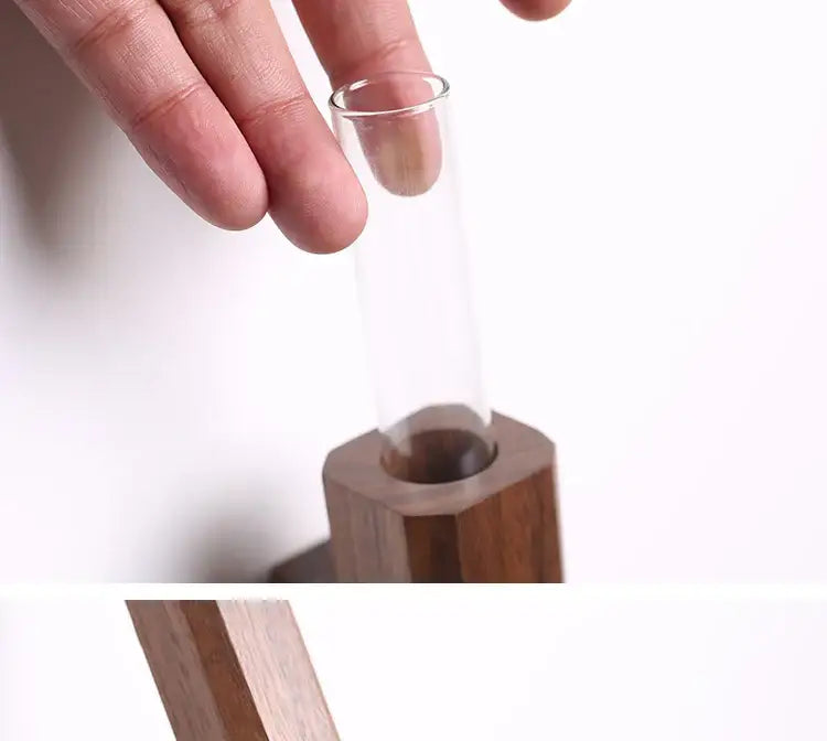 Clear glass test tube held in dark brown solid wood handmade nordic wall vase by decorbites for plants display