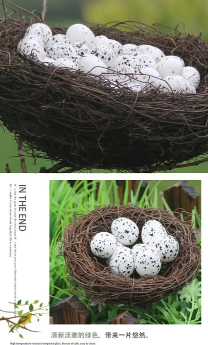 Rustic brown handmade rattan bird nest decoration cradling white speckled eggs by decorbites