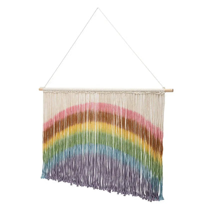 Colorful tie-dye handmade weaving macrame wall hanging with wooden dowel and cream yarn fringe by DecorBites