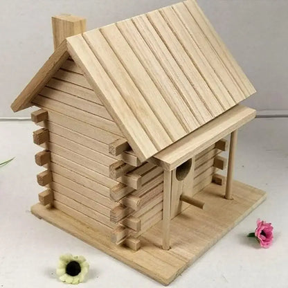 DecorBites handmade wooden nest box with natural light wood planks and log cabin-style siding for outdoor bird nest decor