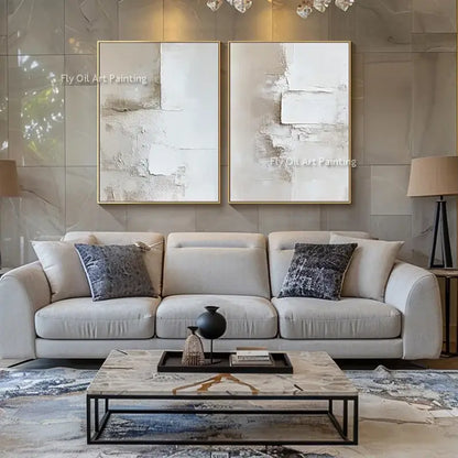 DecorBites™ handpainted oil paintings set featuring two canvas wall art with textured white abstract surfaces and gold frames