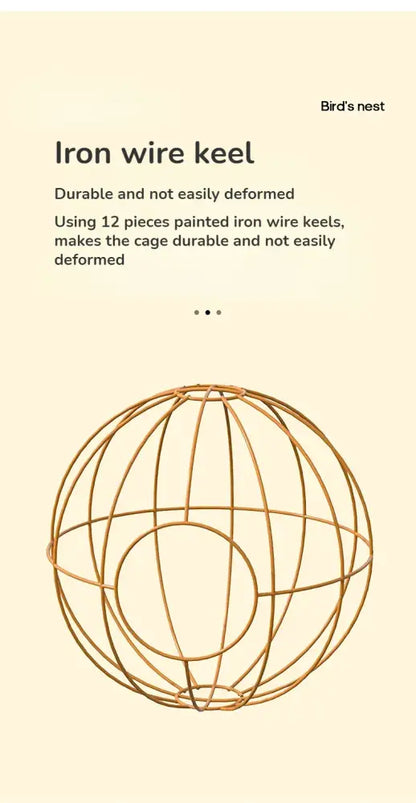 Golden-painted iron wire sphere cage with 12 interlocking pieces for DecorBites handwoven grass bird cage use