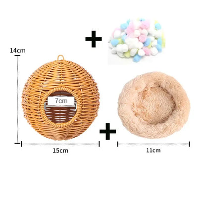 DecorBites™ handwoven grass bird cage hut in natural color with round entrance and hanging loop for small birds