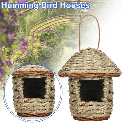 DecorBites handwoven straw bird nest with natural fiber and rustic textured roof for outdoor garden use