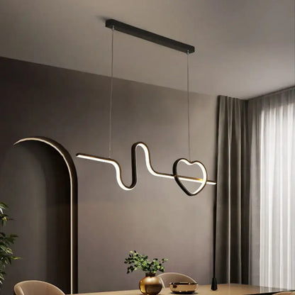 Modern black metal LED line island pendant light fixture with a heart-shaped design for dining room decor