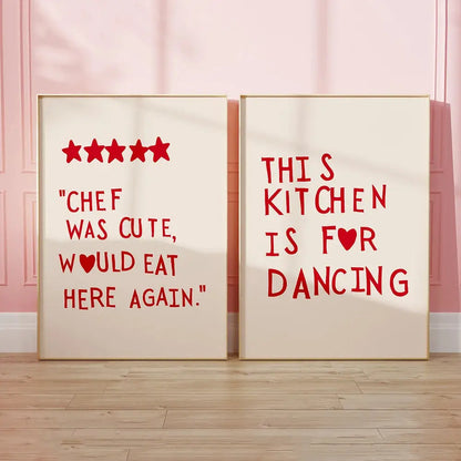 Two framed decorbites™ heart red quote wall art prints with red text on cream background in gold frames for kitchen decor