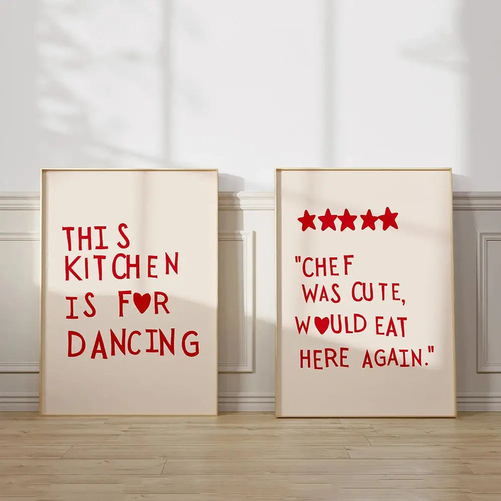 Two minimalist gold framed decorbites heart red quote wall art prints on cream background for kitchen decor