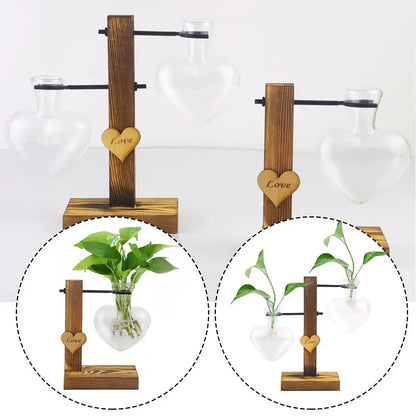 Wooden stand with heart shape hydroponic glass vase and engraved love wooden charm for home decor by decorbites