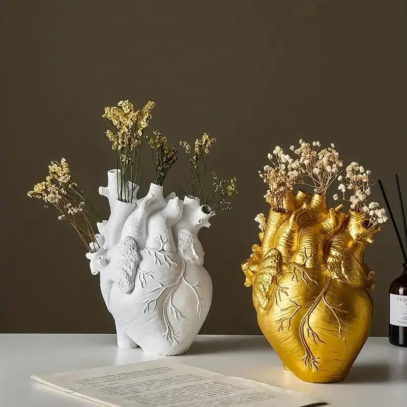 White and gold anatomically detailed heart shape resin vase holding dried flowers by DecorBites in four colors