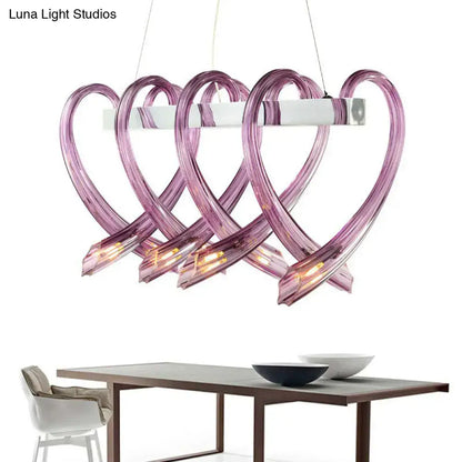 DecorBites™ heart shaped crystal glass led hanging light fixture with purple glass arms and white silver bar for restaurants