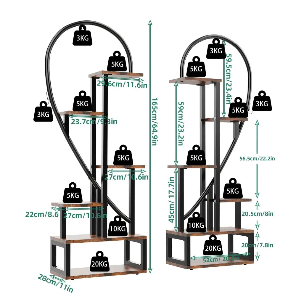 Black metal and wood heart shape plant stand with multiple tiers and hooks for 20 pots by decorbites