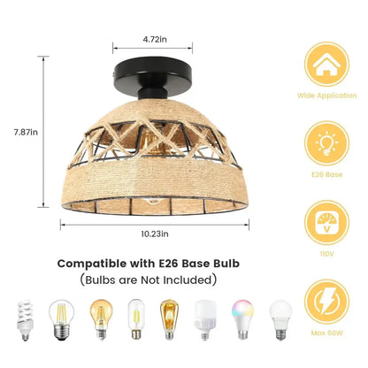 Rustic beige woven hemp rope ceiling light with black metal base and geometric lattice design for home decor by DecorBites™