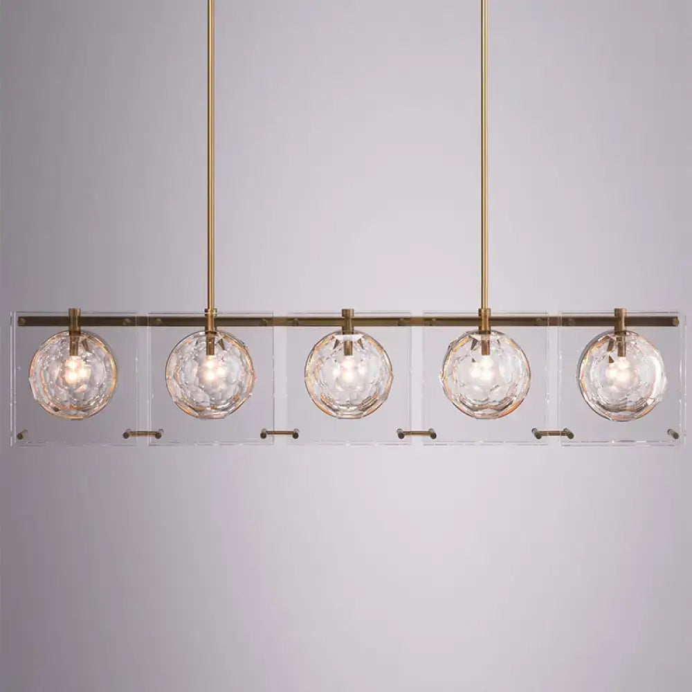 Decorbites hexagon glass ball pendant lamp with five clear faceted globes and brass finish island light fixture