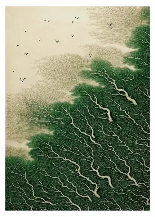 Decorbites™ hokusai exhibition art poster print featuring a stylized green forest with white root patterns and birds in flight