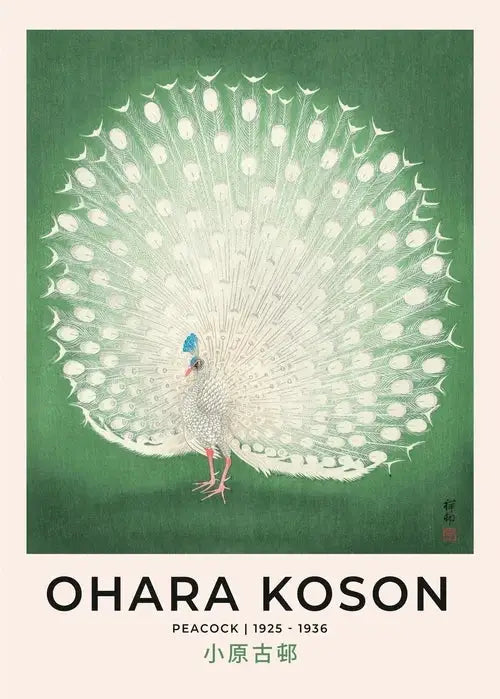 Decorbites™ hokusai exhibition art poster featuring intricate white peacock line art on vintage green canvas background