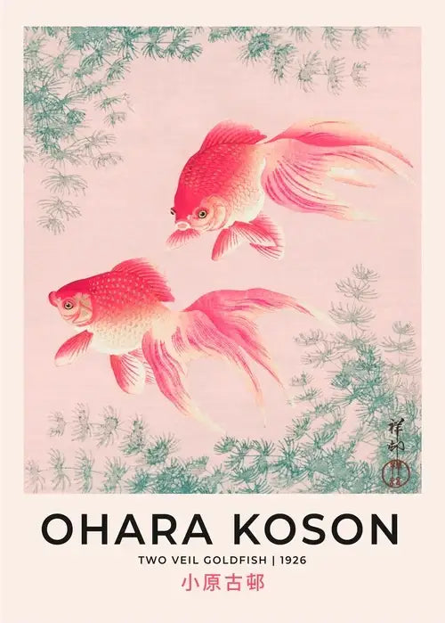 Delicate pink and white illustration of ornamental goldfish among green plants on hokusai exhibition art poster canvas