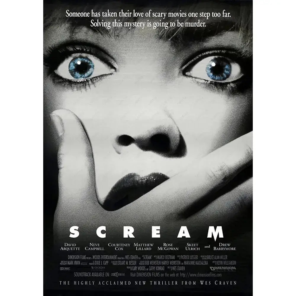 Black and white retro poster wall art of the 1996 horror movie scream featuring a woman with blue eyes and dark lipstick