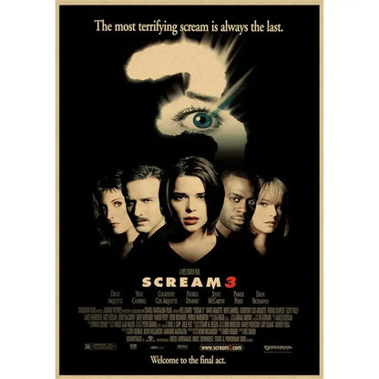 Black decorbites™ horror movie retro poster wall art with stylized eye, gold trim, and white text for scream 3