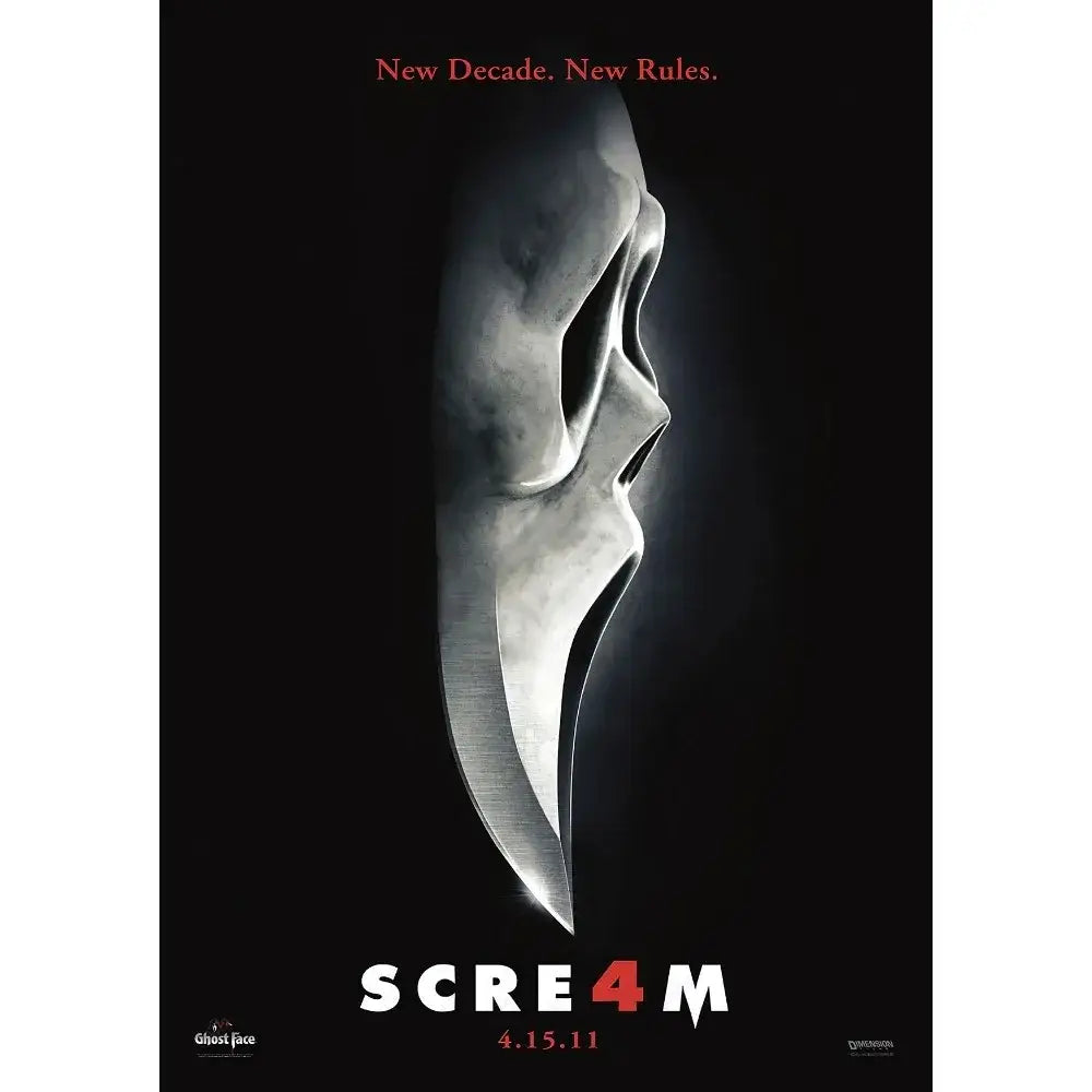 Decorbites™ horror movie retro poster wall art featuring a metallic silver-gray ghostface mask with hollow eyes