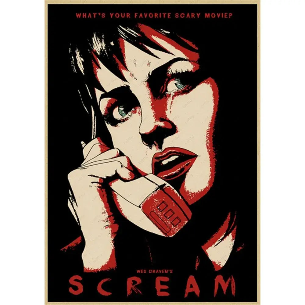 Red and cream horror movie retro poster wall art of a woman holding a phone titled scream by wes craven from decorbites
