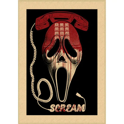 Decorbites™ horror movie retro poster wall art featuring red and cream stylized scream mask with rotary phone design