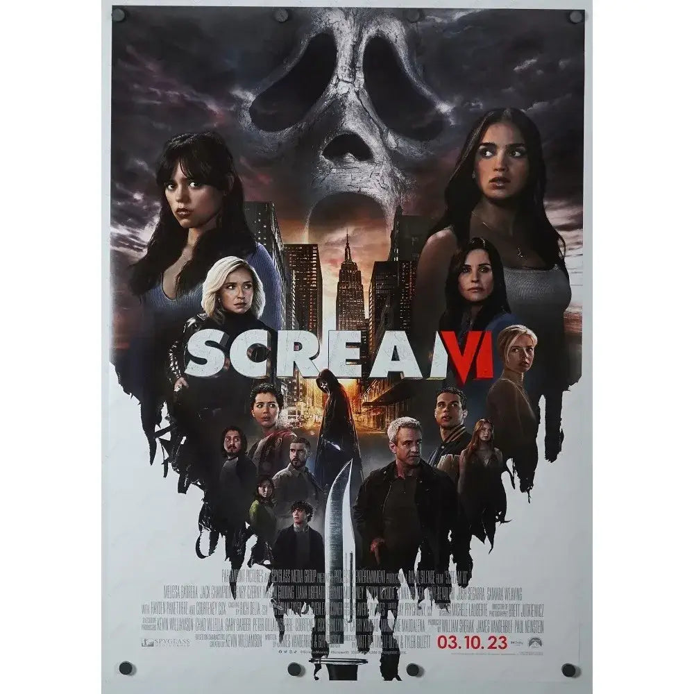 Decorbites™ horror movie retro poster wall art featuring a large white ghost face over a dark city skyline background
