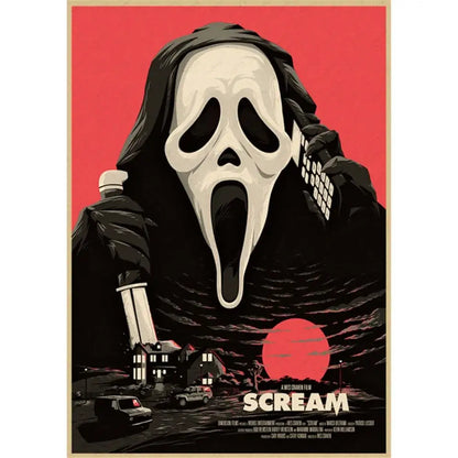 DecorBites™ horror movie retro poster wall art featuring a stylized white ghostface mask on a bold red background