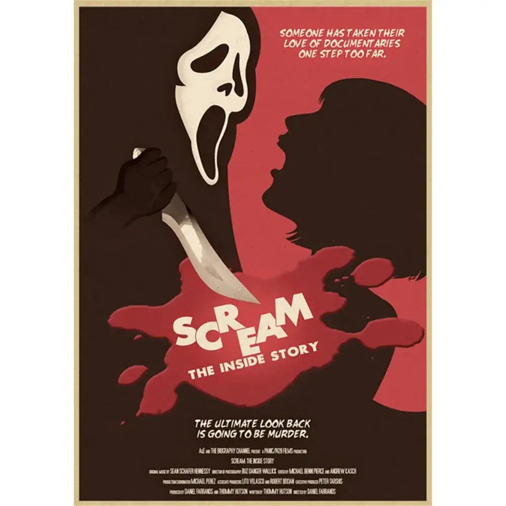 Decorbites™ horror movie retro poster wall art featuring a white ghost mask silhouette on a red background
