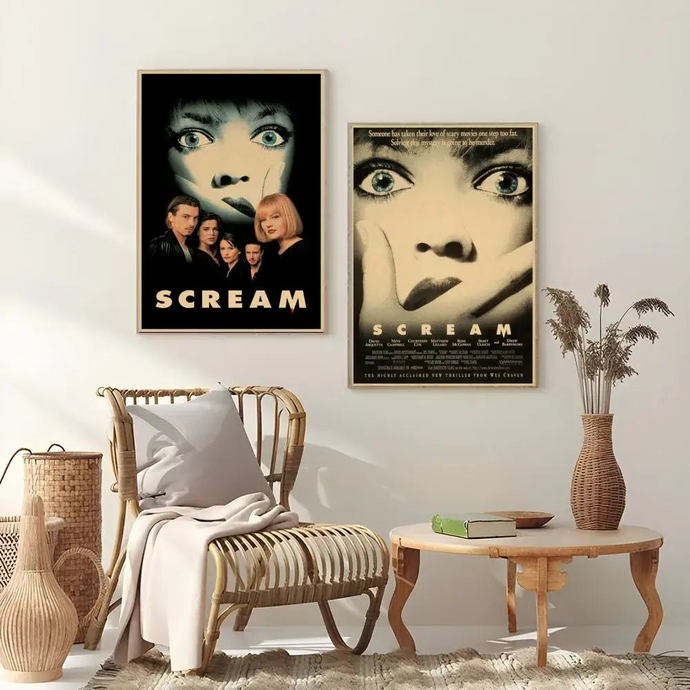 Two framed scream horror movie retro poster wall art featuring black and white and sepia tones for decorbites