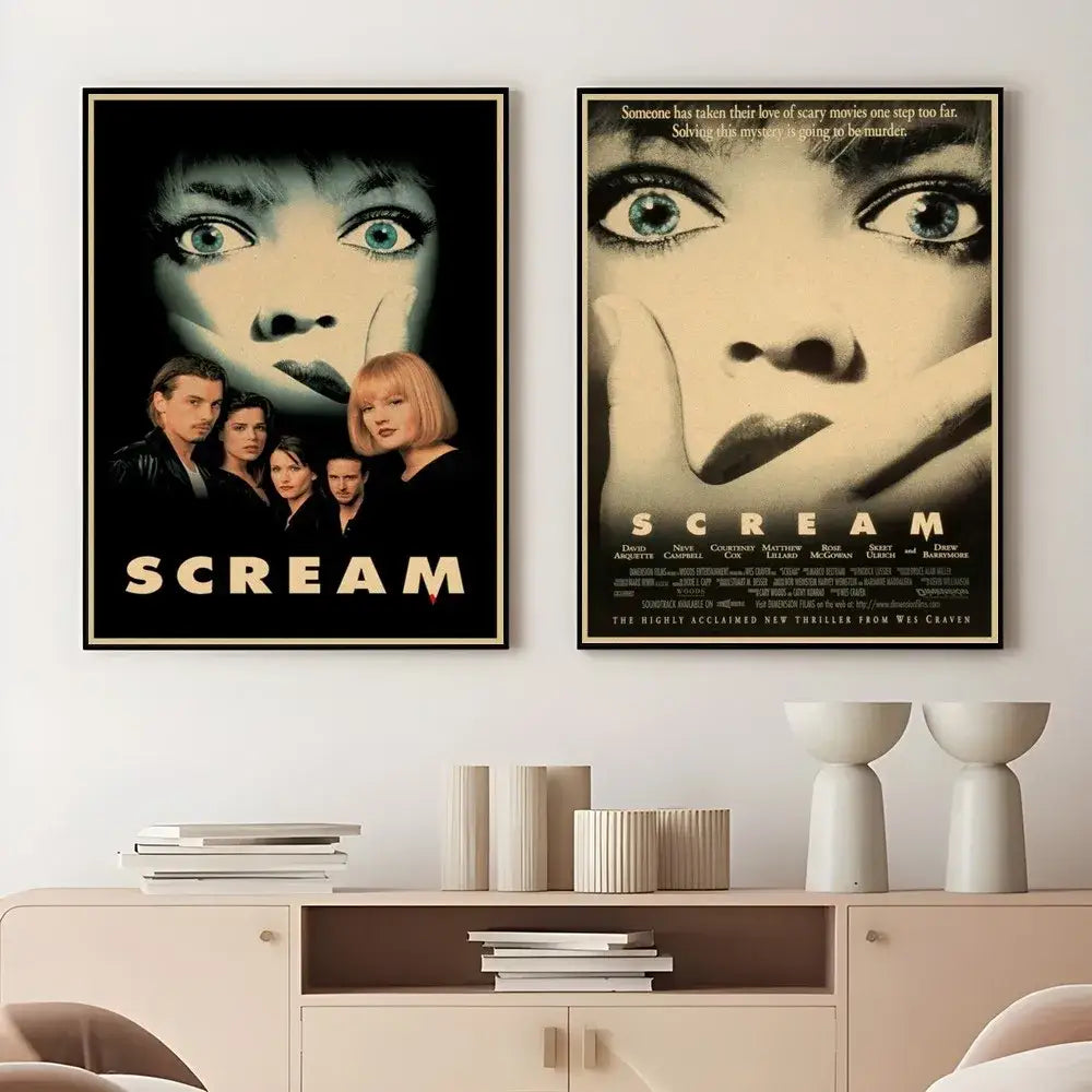Two framed scream horror movie retro poster wall art featuring black and white and sepia tone images