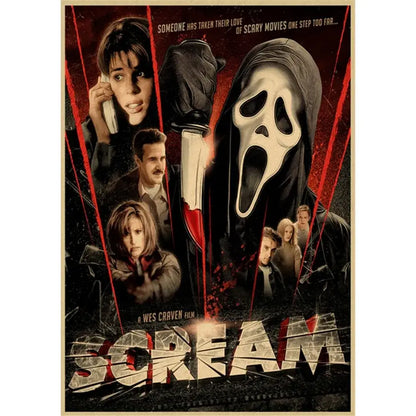 DecorBites™ horror movie retro poster wall art featuring a black and white scream mask with red accents and film characters